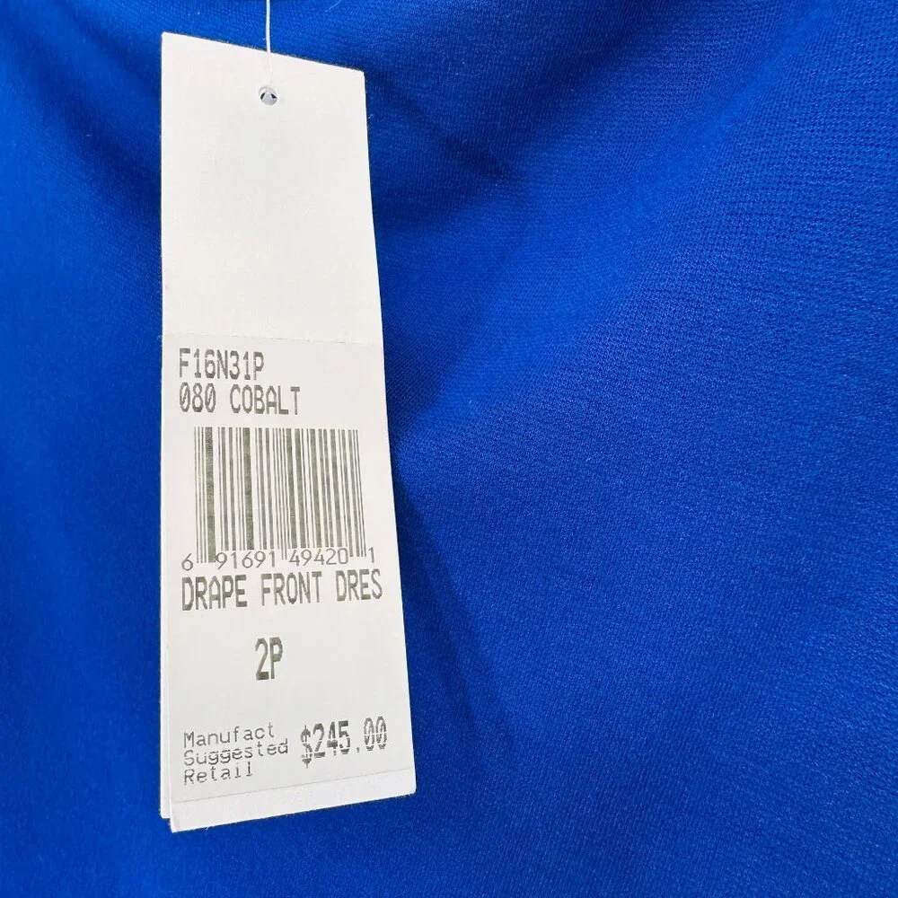 Joan Vass Drape Front Cobalt Blue Long Sleeve Elegant Professional Dress New 2P - Picture 8 of 9